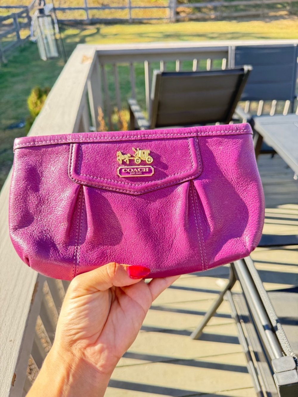 Coach Fuchsia Leather Wristlet Clutch with Gold Logo